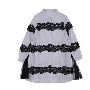 JNBY White blue Lace Striped Dress a line collar button